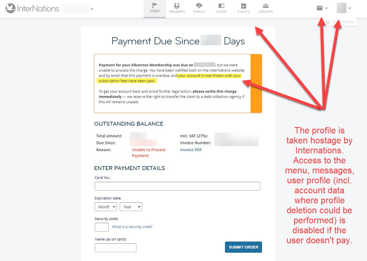 @harrybr FYI,  @Internationsorg website uses  #darkpatterns in case a user doesn't want to pay for the automatically renewed membership subscription. It's not possible to downgrade to "basic" membership or to delete the profile. Access to the profile is disabled.  #ransom  #scam