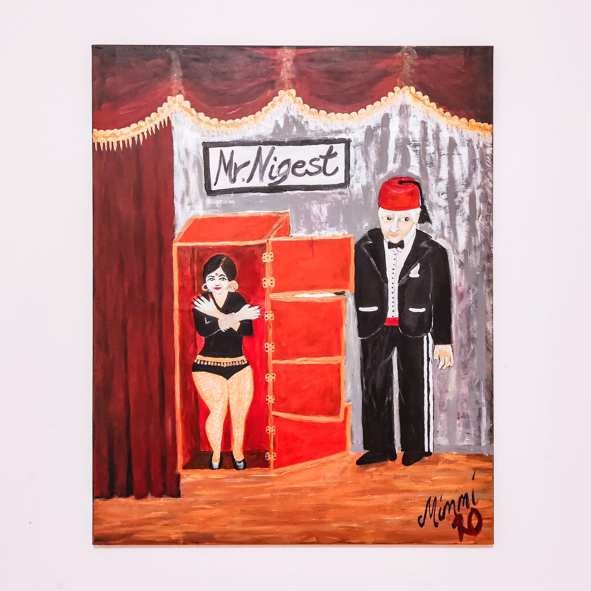 Sain vaimolta <a href="/LauPauPi/">Laura Piri</a> hääpäivälahjaksi hienon taulun. Kuvassa esiintyy isovanhempani, pappani oli ammatiltaan sirkustaikuri ja mummi toimi hänen avustajanaan. Showmiehen elkeiden lisäksi perin papaltani ainakin etunimen. 

Taulun on maalannut serkkuni Mimmi