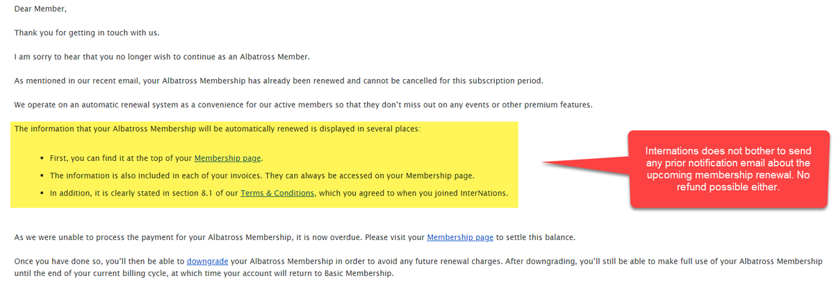  @harrybr FYI,  @Internationsorg website uses  #darkpatterns in case a user doesn't want to pay for the automatically renewed membership subscription. It's not possible to downgrade to "basic" membership or to delete the profile. Access to the profile is disabled.  #ransom  #scam