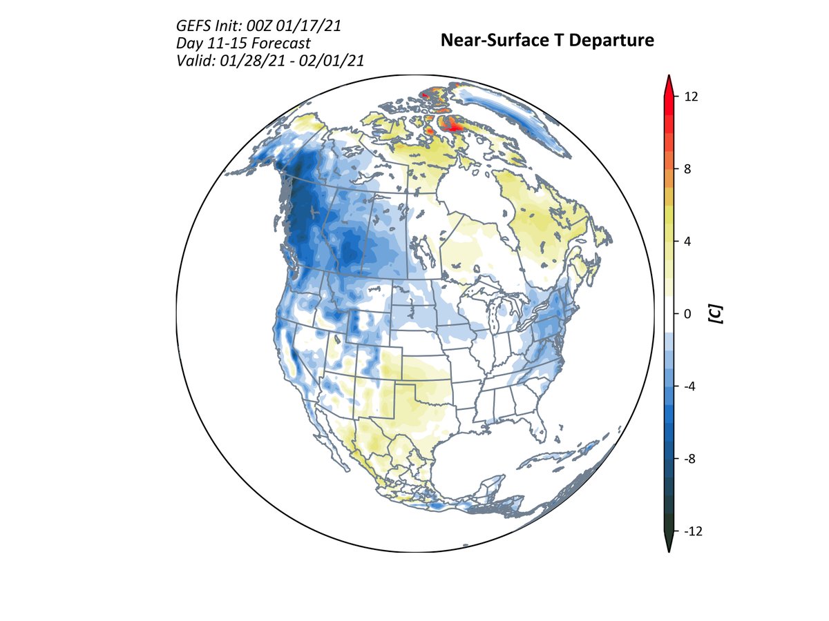 North America will start to undergo a pattern shift next week as low heights build across the western part of the continent. The response will be more cold to enter the western US and N CONUS. But, this isn't the best pattern for E Coast snowstorms. 1/