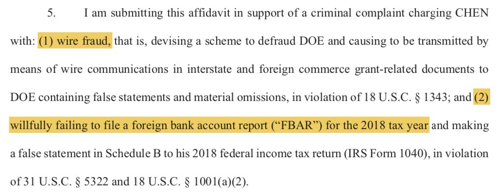 5. McCarthy claims that Gang Chen "devis[ed] a scheme to defraud" DOE, and "willfully fail[ed] to file" an FBAR.The Government is required to prove that Chen had a specific intent to defraud.Where is the evidence?See DOJ on wire fraud:  https://www.justice.gov/archives/jm/criminal-resource-manual-941-18-usc-1343-elements-wire-fraud