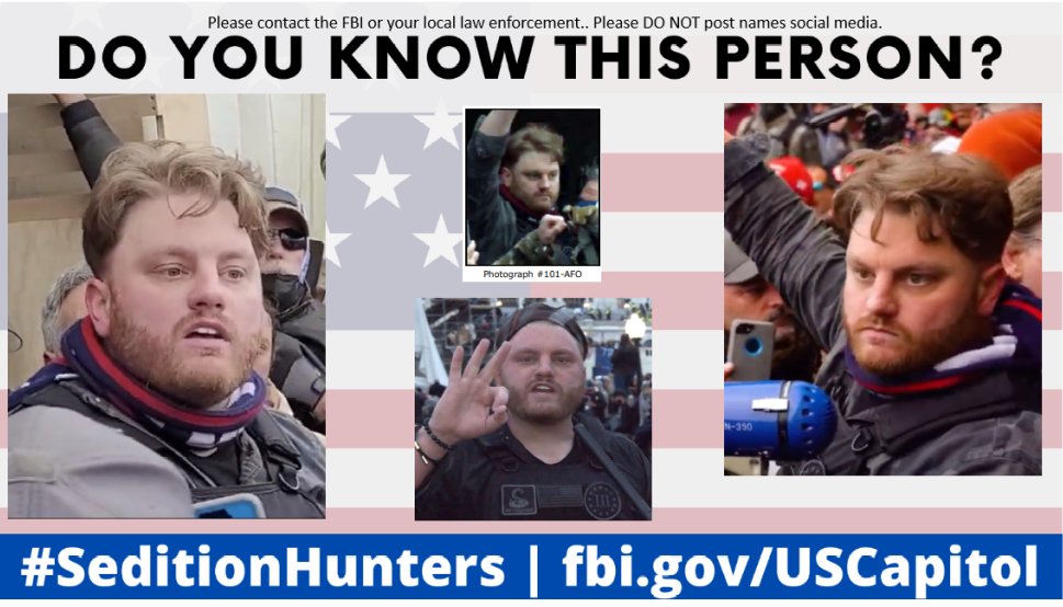 Please share across all platforms. Do you Know this person?? Please contact the FBI with ID# 101-AFO if you do! #SeditionHunters #DCRIOTS #CapitolRiot