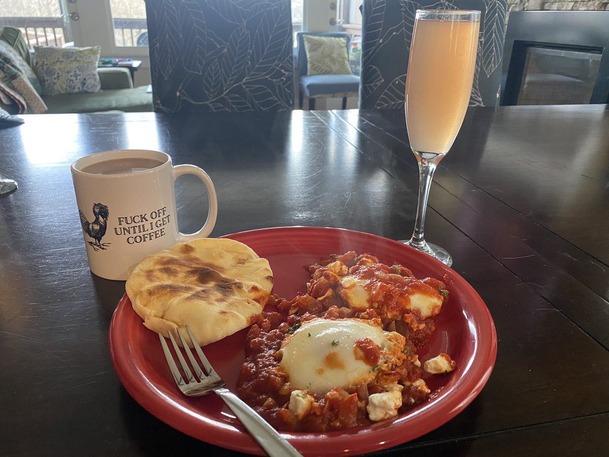 KGreenMD's tweet photo. Who says you have to go out to have a nice Sunday brunch? I made shakshuka and we have locally roasted coffee and grapefruit mimosas. #brunchathome #medchef https://t.co/TZJZRS40HI