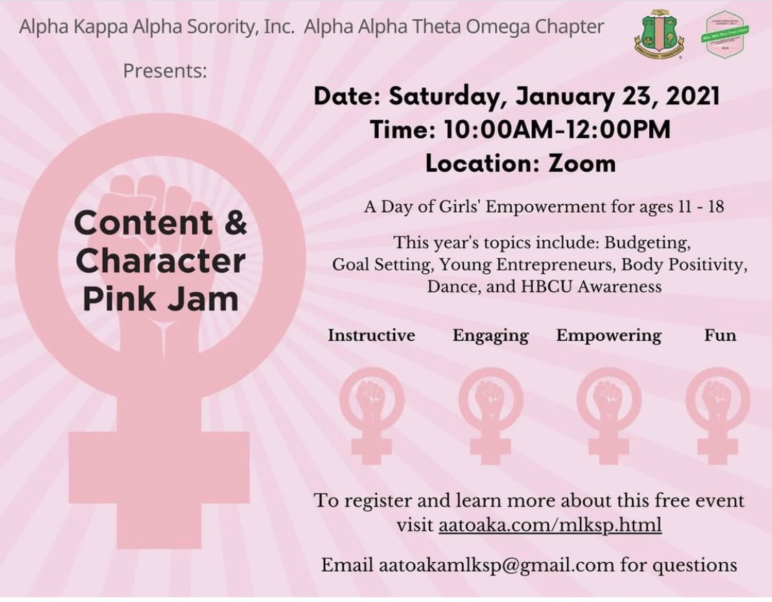 aatoaka's tweet photo. If you haven’t registered yet, the clock is ticking! #PinkJam #RegisterNow #FreeEvent #GirlsEmpowerment #AKA1908 💓💚 https://t.co/xOSbRf7Rmq