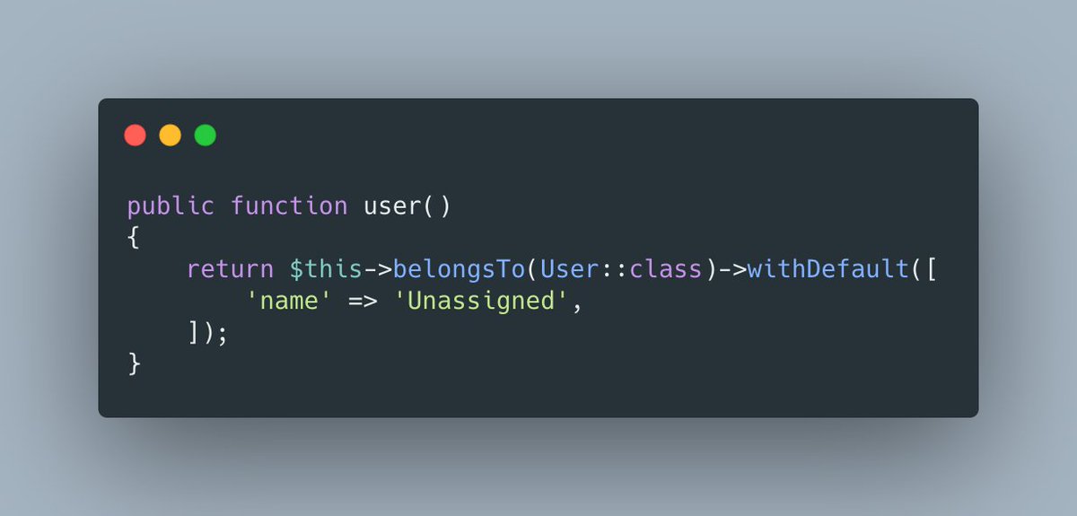 TIL: #laravel supports the null object pattern in relations using withDefault()

Really handy to provide default values for nullable relations

In this instance, I'm using it to show a name for unassigned tasks https://t.co/PZDncFGrDQ