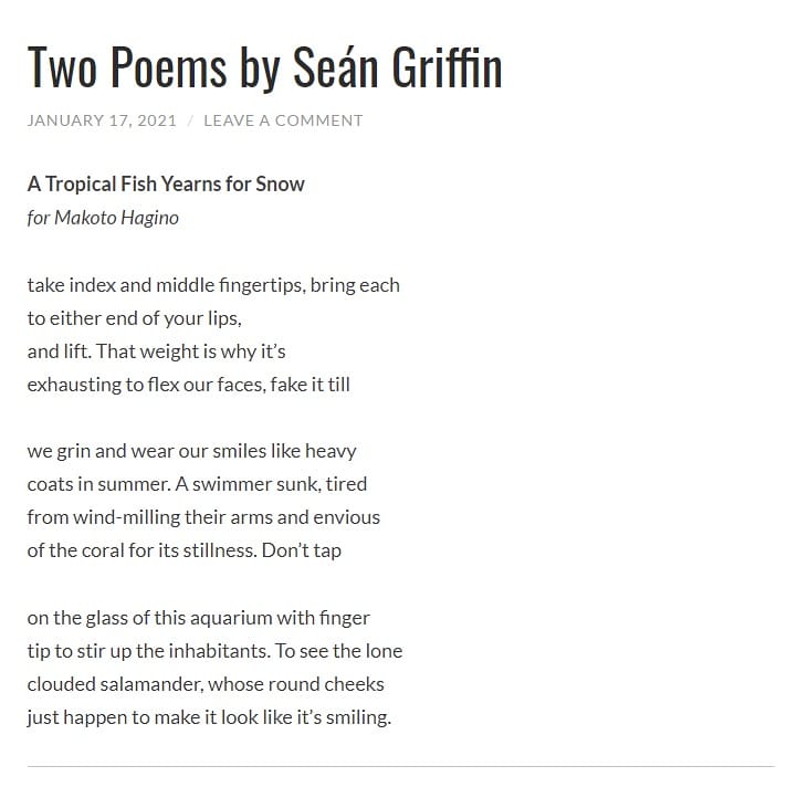 SeanGrifter's tweet image. Please read like &amp;amp; share my poems "A Tropical Fish Yearns for Snow" &amp;amp; "Bloom into You", both are ekphrastic poems responding to manga series of the same names, on @PressCypress.

cypresspress.ca/2021/01/17/two…