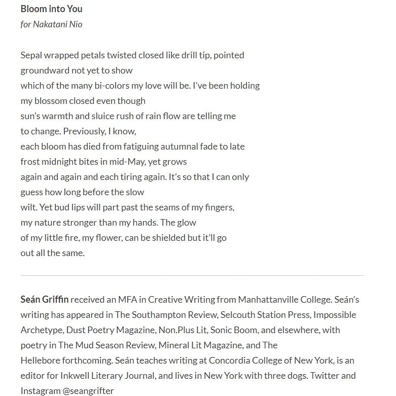 SeanGrifter's tweet image. Please read like &amp;amp; share my poems "A Tropical Fish Yearns for Snow" &amp;amp; "Bloom into You", both are ekphrastic poems responding to manga series of the same names, on @PressCypress.

cypresspress.ca/2021/01/17/two…