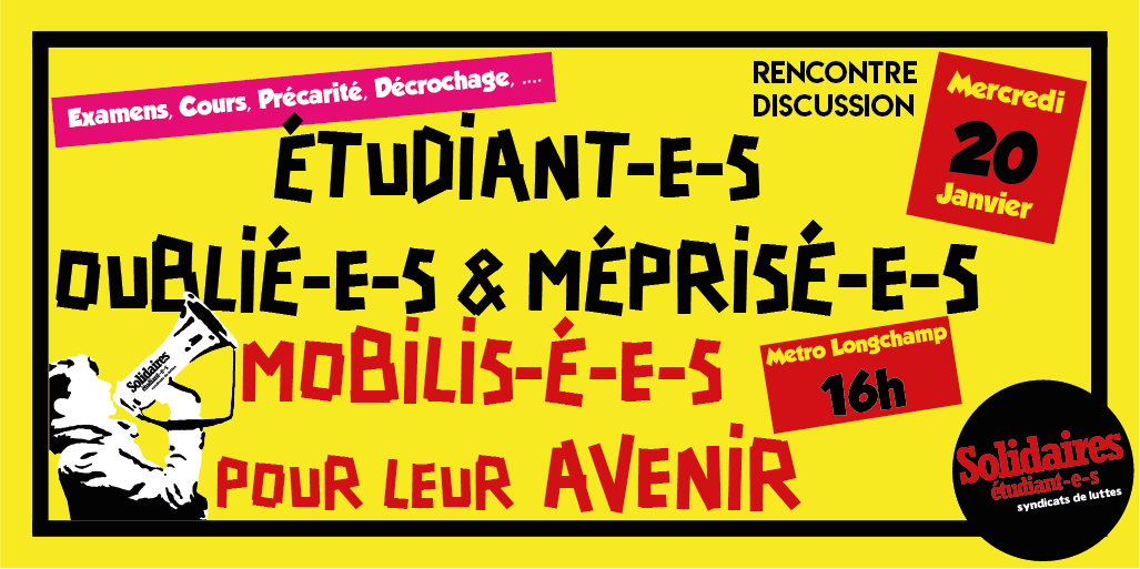 SESLamu's tweet photo. 🔴Oublié-e-s, méprisé-e-s, sélectionné-e-s, precarisé-e-s, ...
❌ÇA S'ARRÊTE QUAND?

👉Mercredi 20 à 16h au Métro Longchamp à Marseille, on te donne rdv pour discuter de notre avenir, fragilisé par des choix institutionnels indignes !

Nous ne les laisserons pas faire !  📢🔥✊ https://t.co/UaC4rBVaaF