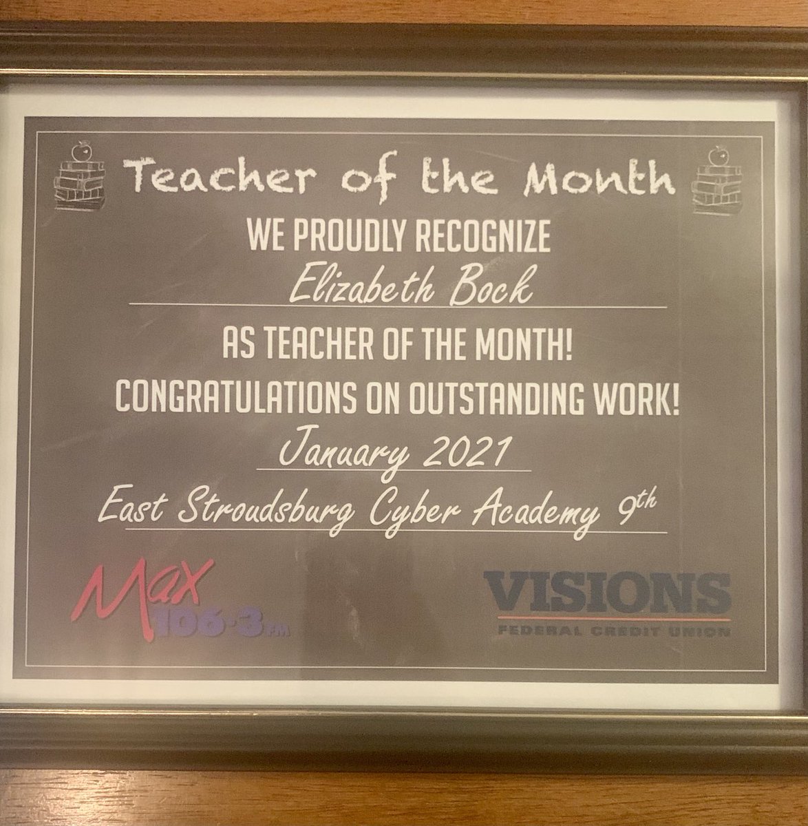 Shout out to one of our own...Elizabeth Bock on being recognized as Teacher Of The Month by Max 106.3. Congratulations Elizabeth.