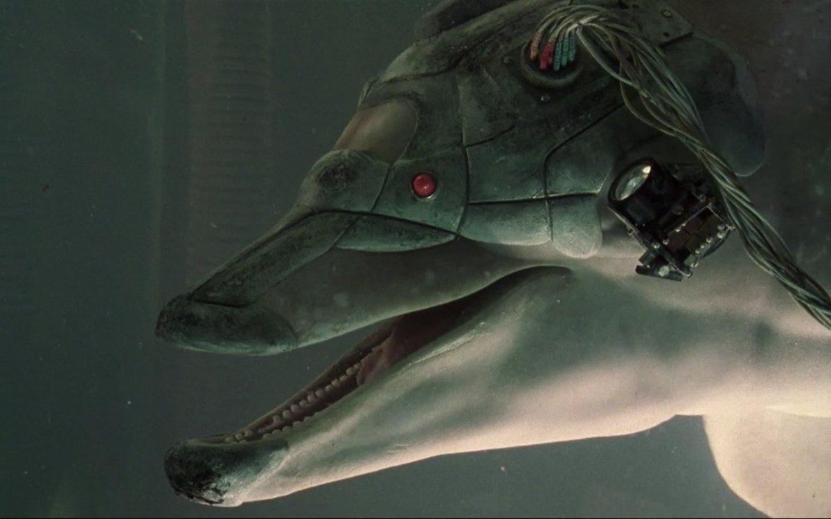 An image from the film Johnny Mnemonic showing a dolphin wearing a VR headset over its eyes, with wires coming out of the headset 