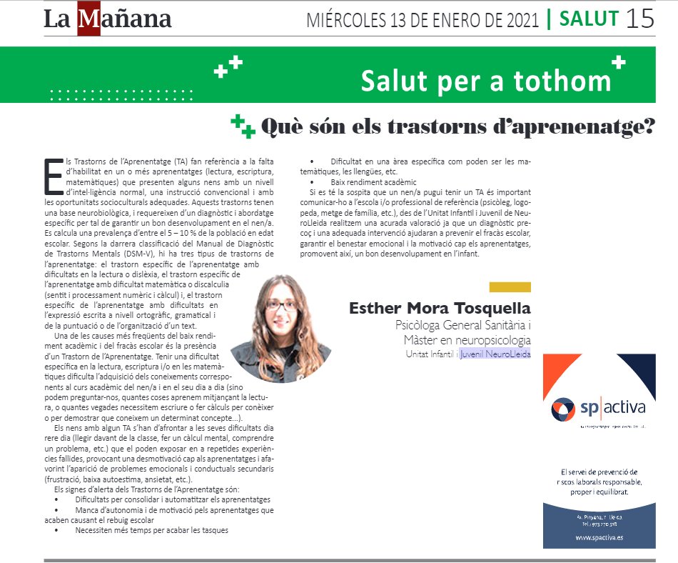aspidlleida's tweet photo. Des de #NeuroLleida expliquem que són #TrastornsAprenentatge i com actuar a @LaManyanacat @fesalutlleida !!! Fem #SalutperTothom #UnitatInfantil #Neuropsicologia @educaciolleida @crp_segria @CRPNoguera https://t.co/HuW2AIuNW1