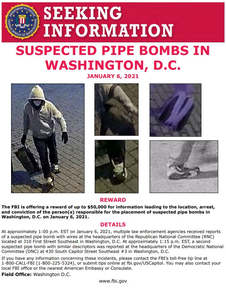 FBIWFO's tweet image. #FBI is seeking info about the person(s) responsible for the placement of suspected pipe bombs in DC. Do you recognize this person? A $50K reward is available - call 1800-CALL-FBI with info or submit tips fbi.gov/USCapitol.  fbi.gov/wanted/seeking…
