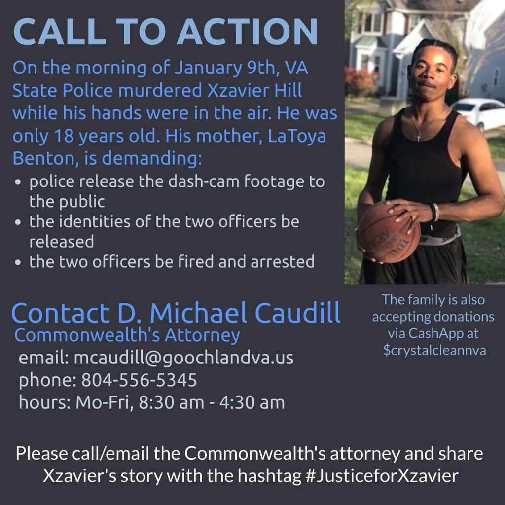 BeyondUva's tweet photo. On the morning of January 9th, Virginia State Police murdered 18 year old Charlottesville resident Xzavier Hill. His mother LaToya Benton is asking for community members to speak up and act. More information on how to help Xzavier receive justice is down below. https://t.co/S3fUk0hkL7