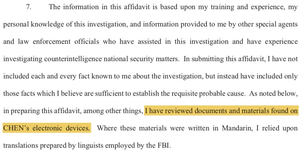 7. McCarthy states his sources, and singles out a particular source: "CHEN's electronic devices."How did McCarthy get hold of Chen's electronic devices?Para 25-27 states that the devices were seized at Logan Airport, on 22 January 2020, without warrant.