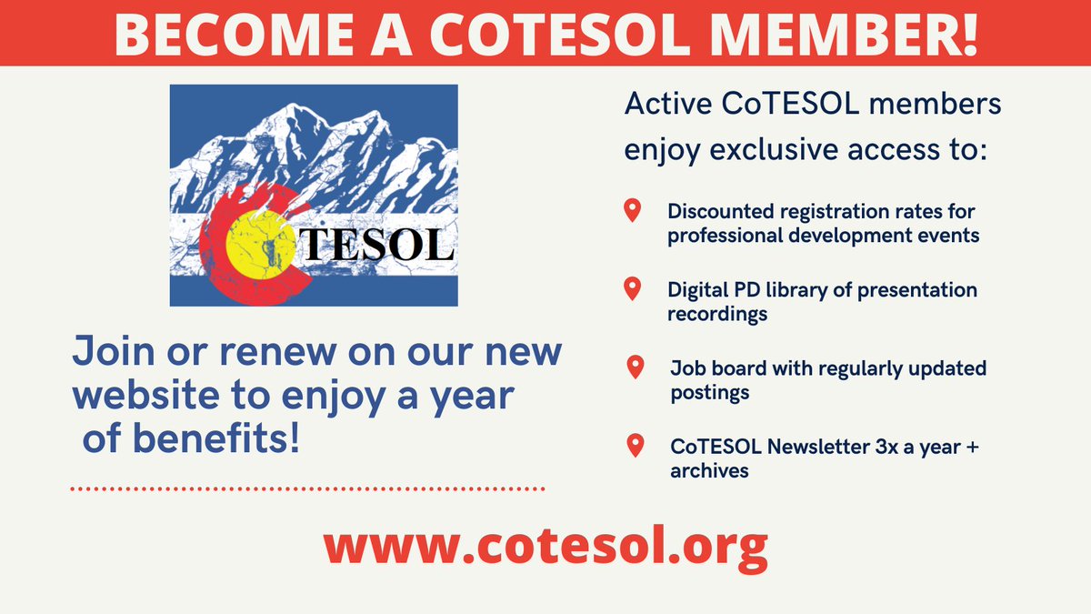 Become a #CoTESOL Member today and join a community of colleagues in the English language teaching #ELT field! An annual membership is only $25 ($15 for students)! #ColoradoTeachers #EdColo #CLD #ELL #TESOL