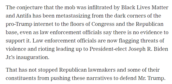 When truth is whatever your warped media ecosystem says it is, even a murderous insurrection by your political allies is converted into a plot by your enemies. The truth-free bubble of the Right is scarily resilient- and breeds more violence. /8 https://www.nytimes.com/2021/01/17/us/politics/Capitol-conspiracy-theories-blm-antifa.html?action=click&module=Spotlight&pgtype=Homepage
