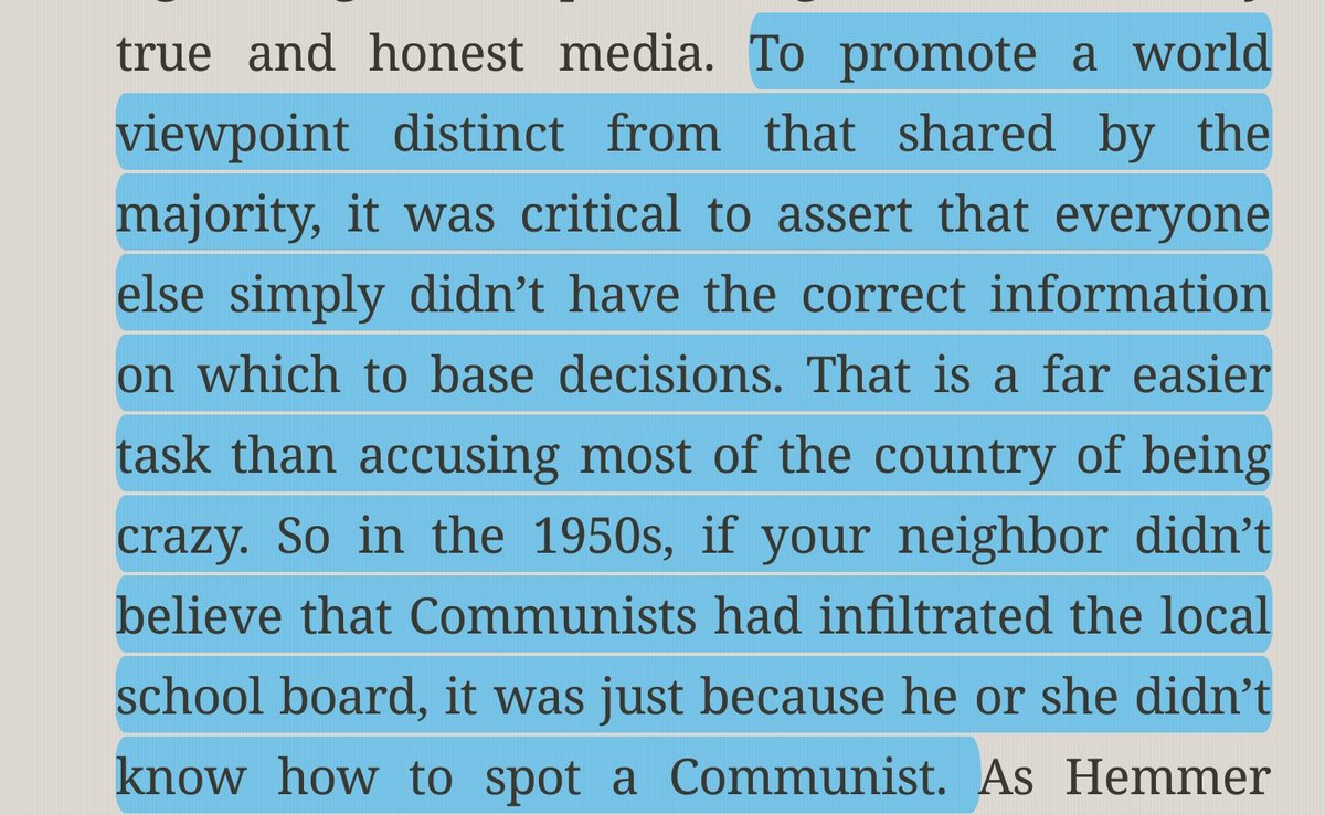 Quoting Stuart Stevens again, conspiracy mongering is deep in conservatism's DNA, dating to McCarthyism and belief media didn't know how to or didn't want to see Communist infiltration all around - a glide path to 79% of GOP denying election results confirmed by every court. /9