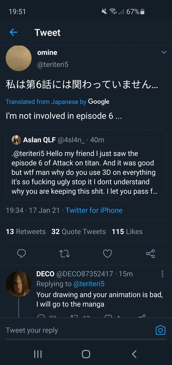 AnimeAjay's tweet photo. Teruyuki Omine didn't even work on today's episode and these stupid fucks are back to harassing him. 

I have never in my life encountered a fandom as toxic and braindead as Titan fans. How on earth are they consistently this awful? Not even Dragon Ball fans are this shitty. https://t.co/8jYSt89qDE