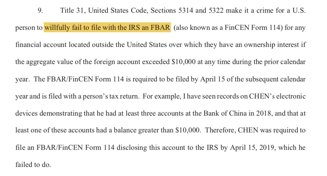 9. As we noted on paragraph 6:The McCarthy Document illustrates a LACK of willful intent.Chen failed to file the FBAR for a bank account in 2018, but did file for the same account in other years. See para. 38 and 42.