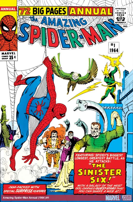 Amazing Spider-man Annual 1, this comic splash pages are legendary but also it might be an early indicator of video game plot structure. Spider-man fights six villains but not together each one is a boss and at a location, this style of story would be very influential.