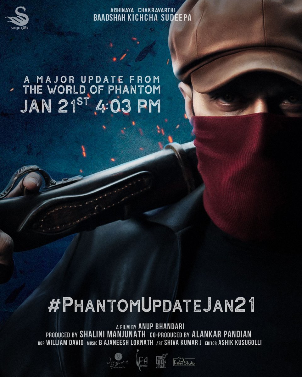 The biggest announcement of them all, LITERALLY, on Jan 21 #PhantomUpdateJan21 #KicchaSudeep @KicchaSudeep @jackmanjunath @alankar_pandian @Shaliniartss Invenio Films @Nirupbhandari @neethaofficial @AjaneeshB @williamdaviddop @KaaniStudio @The_BigLittle