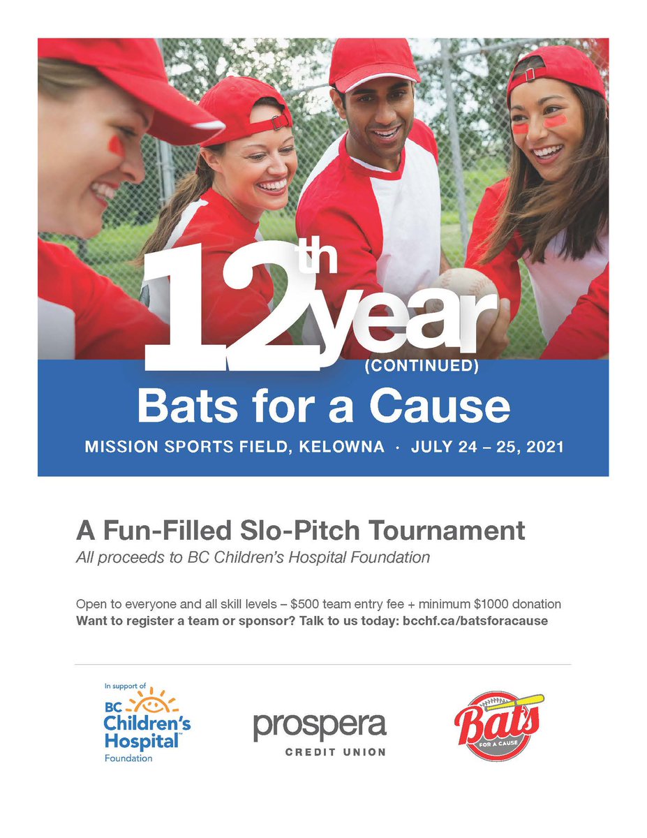 Let’s try this again.. the 12th annual Bats for a Cause tournament continued!
Save the date. Registration opens soon!
#batsforacause 
#itsforthekids 
#softball
#kelowna 
#community