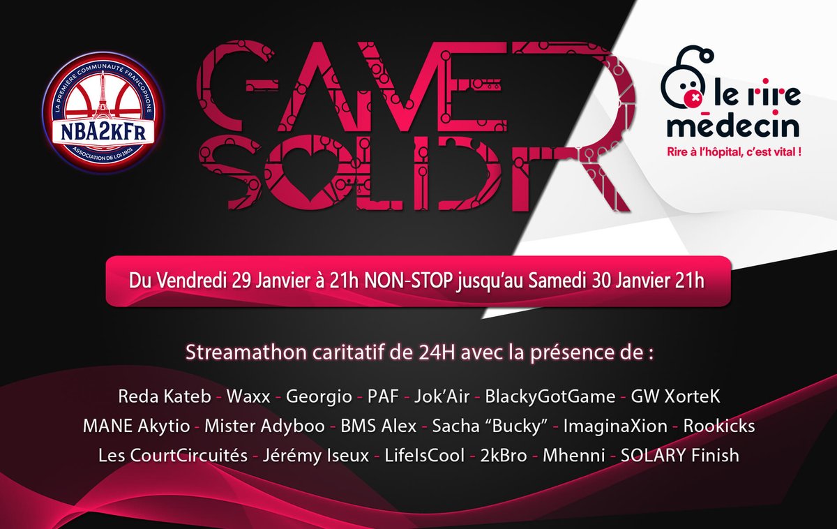 📢 #GamerSolidR 
by <a href="/NBA2k_Fr/">NBA2kFr</a> 💝

🚨 Venez participer à notre #Streamathon Caritatif de 24h !

🗓️ Vendredi 29 Janvier à 21h

🙏 Récoltons ensemble un max de dons pour l'association <a href="/RireMedecin/">Le Rire Médecin</a> 🧒🏻🏥🩺🤡
 
L'acteur Reda Kateb sera en ouverture de #Stream 🔥

#NBA2kFr #RireMedecin
