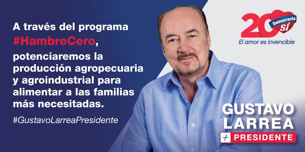 GustavoLarreaSi's tweet photo. A través del programa #HambreCero, potenciaremos la producción agropecuaria y agroindustrial para alimentar a las familias más necesitadas. 

#GustavoLarreaPresidente
#AlexandraPeraltaVicepresidenta
#SíEsPosible #VotaTodo20  #Elecciones2021 #EmpleoSí #CréditoSí https://t.co/GtTFuh3AhV