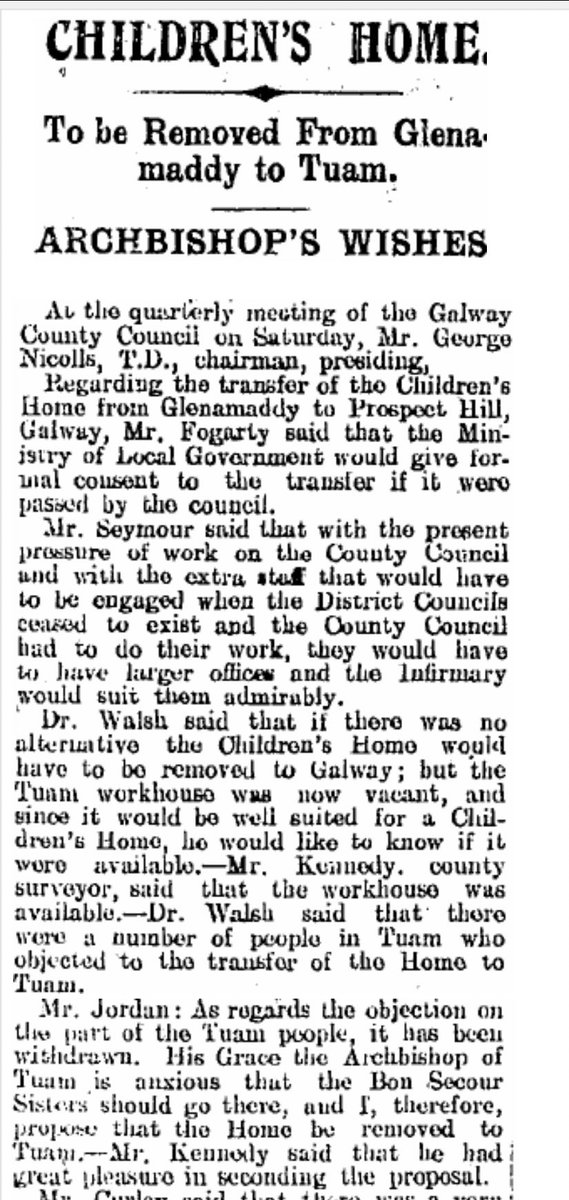 Mr. Jordan: “His Grace the Archbishop of Tuam is anxious that the Bon Secours Sisters should go there, and I, therefore propose that the Home be removed to Tuam...” (1925)