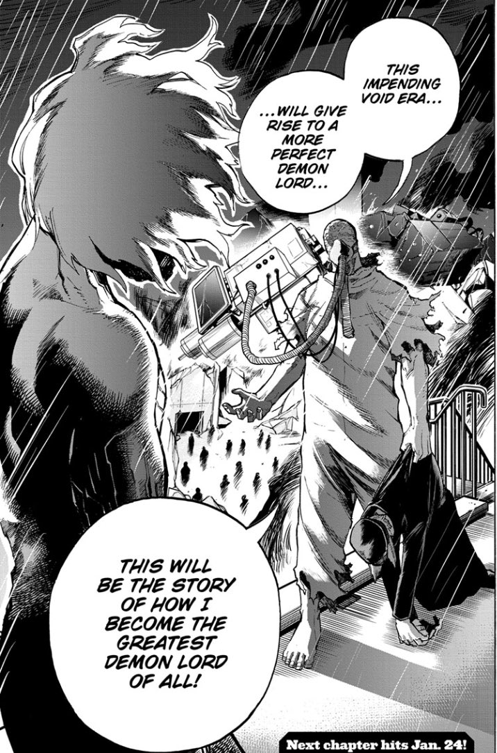 I think this a great panel to leave off on as well. Is he referring to his legacy as a demon lord, or does he still wish to rule in the state he is now until he can control Shigaraki’s body?  Really curious to see where Hori goes with this.