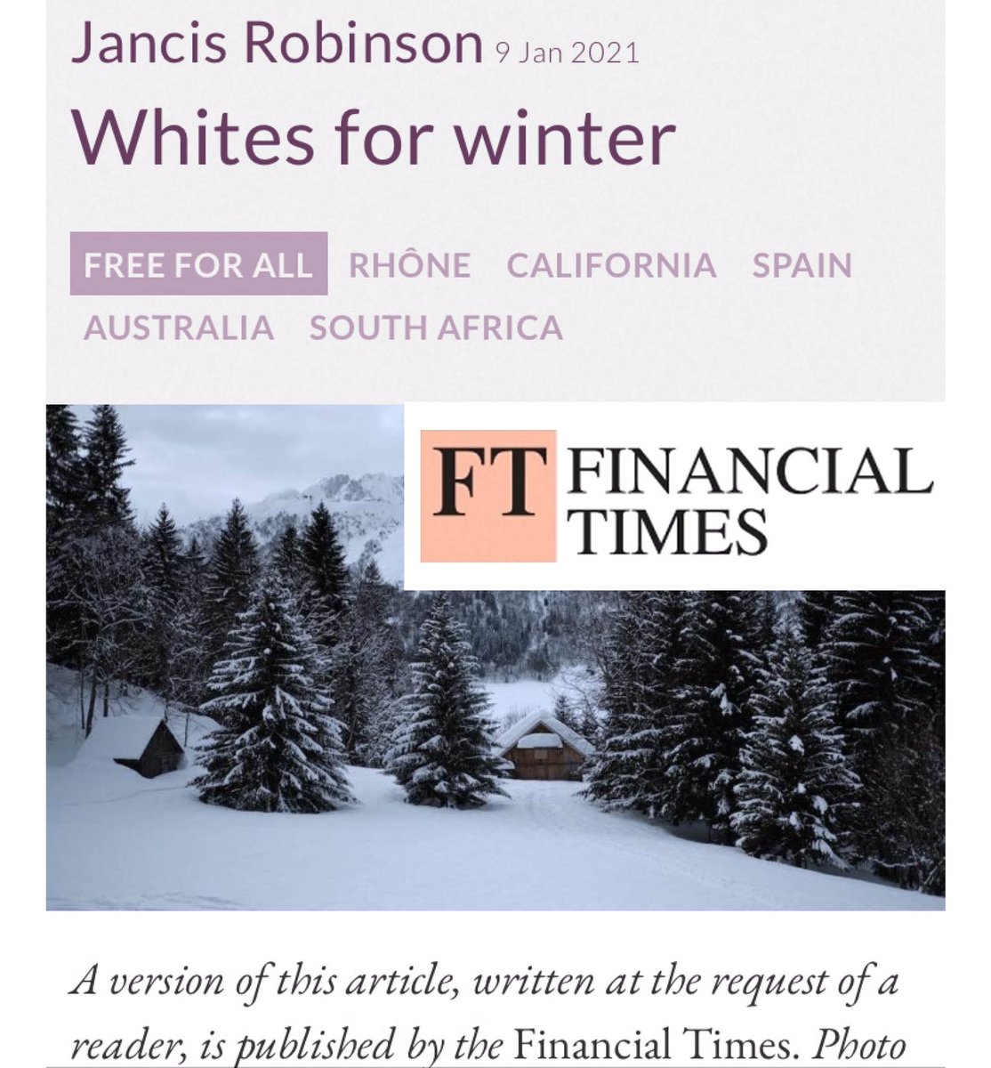 MuchadaLeclapa1's tweet photo. Felices con una nueva mencion en el Financial Times en la seleccion de vinos de @JancisRobinson para este frio invierno🥂✨🙏🏻 thank you! Let's go 2021!! https://t.co/155xdBwWEr