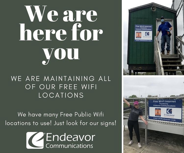 EndeavorComm's tweet photo. Endeavor Communications is committed to giving back to our communities. One of the ways we do this is offering free public wifi locations to use. Just look for our signs! https://t.co/2MxlM41Wvz