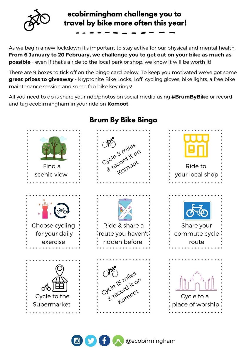 ecobirmingham's tweet photo. Hi #BrumHour From 6Jan- 20Feb, we challenge you to get out on your bike more often! Have fun, get fit, explore #BrumByBike & #WIN prizes with our BIKE BINGO challenge
๐ฒ๐ https://t.co/QZoWviIjsH
#Cycling #Birmingham #Lockdown #SustainableTravel #BikeIsBest https://t.co/YG40l3v8Bl