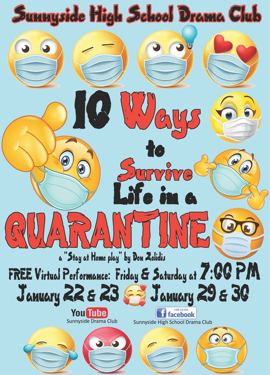 sunnyside_grizz's tweet photo. SHS Dram presents, 10 Ways to Survive Life in a Quarantine.  Being streamed free!  #WeAreSHS Connected Even When We’re Apart https://t.co/1AXAq3v03s