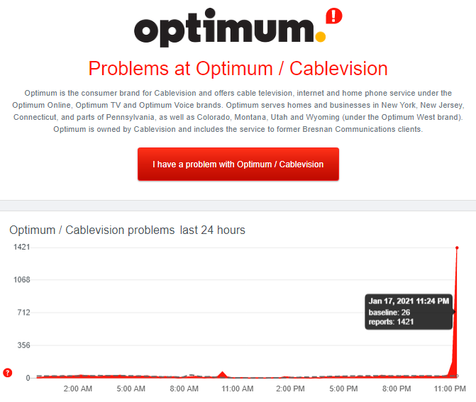 WebsiteCrashes's tweet photo. Optimium / Cablevision issues and crashes at 8:29PM on 17/01/2021 UTC! Website shows ~1,500 error reports! Retweet to spread awareness to other people!
Site i used: https://t.co/9o9Daq6wAh
#Optimium
#Optimiumdown
#Optimiumoutage https://t.co/bGy8FuIsI2