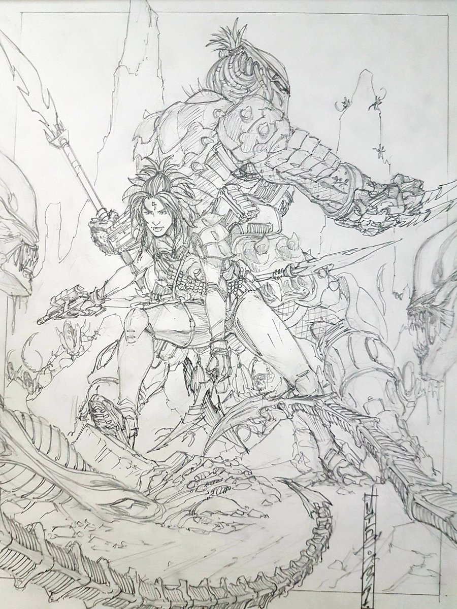 markerguru's tweet image. WIP: Aliens vs Predator commission. 
One of my favourite comics growing up.  Wish the movies were based off the first comic series by @DarkHorseComics
Well on to inks and colors. 

#Aliens #Predator #AVP #drawing #commissions