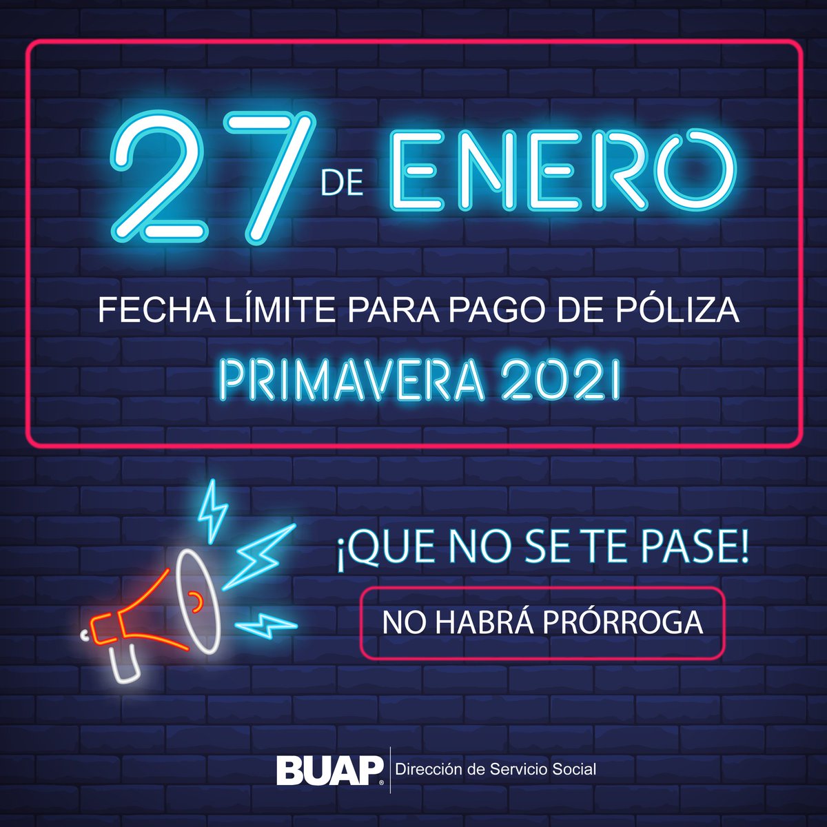SSocialBUAP's tweet photo. Del 18 al 25 de enero podrás imprimir tu póliza.

Último día para poder realizar el pago 27 de enero.

¡Que no se te pase!

Es importante verificar que aparezca la materia ya sea de servicio social y/o práctica profesional antes de imprimirla.

¡No habrá prórroga! https://t.co/bEqVibiMkb