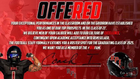 After a great visit @RPIFootball, and a talk with @CoachBarbieri and @CoachJDittman58 I’m proud to receive my first offer. @CwallFootball @RichWar14014578