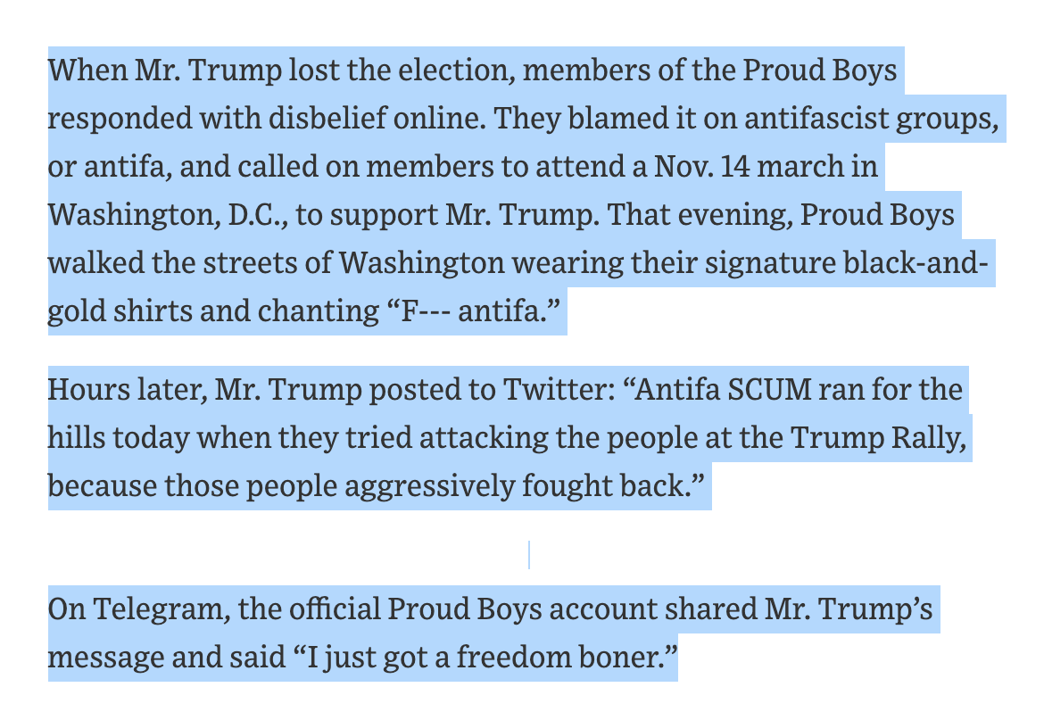 Proud Boys didn’t believe Trump's belated denunciation of the group was sincere. When he lost the election, they blamed antifa & held rally for Trump in DC. That night he tweeted “Antifa SCUM ran for the hills today.” PB acct shared his tweet, saying “I just got a freedom boner.”