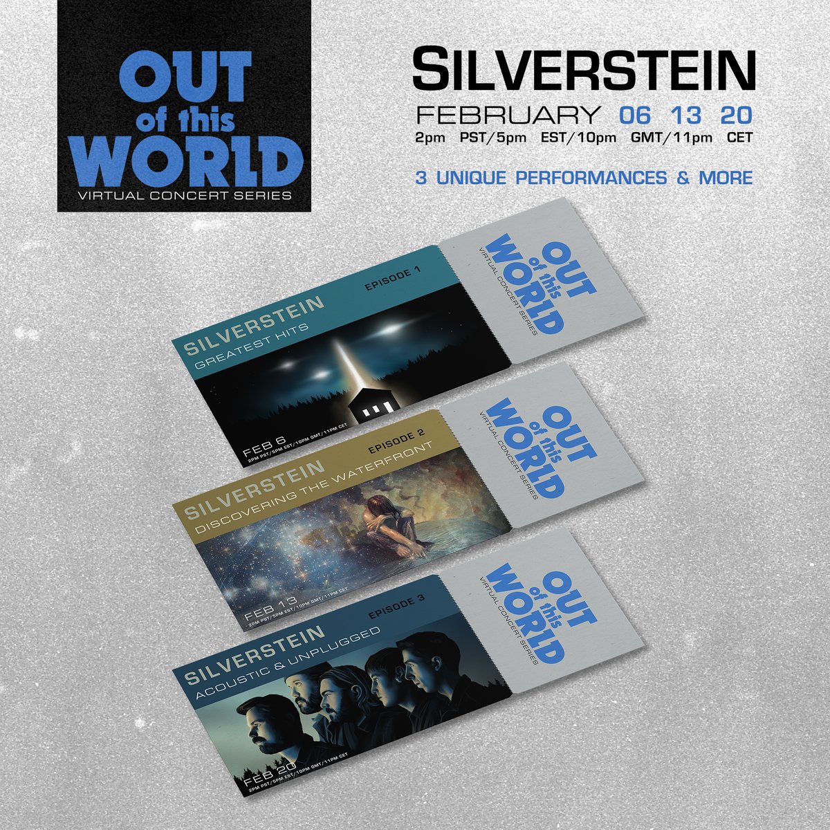 silverstein's tweet image. 🚌 We are (digitally) TOURING next month!  From the 🌐 internet to your 🏠 home with 3 very special performances.

OUT OF THIS WORLD will feature our biggest level production, top-quality audio/video and a whole lot more!  You don't want to miss it.

🎟️ silversteinstore.com