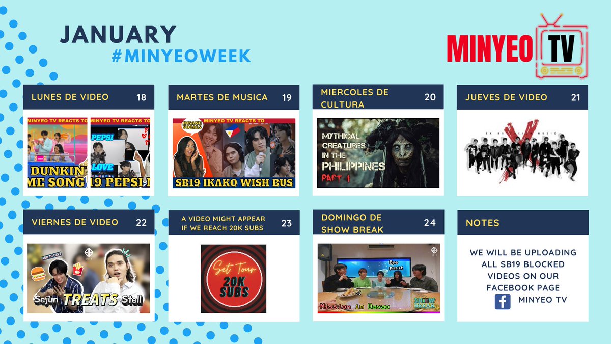 SolLunaTv's tweet photo. Hola #Minyeonatics!
Here's our schedule for this #MinyeoWeek. This week if we have two videos on Jan 18th. Also, if we reach the 20k subs we'll give you a set tour! Do not miss any of our videos!
#SB19 #OCDawgs #Exbatallion #Gloc9 #uN1TY #FilipinoMythicalCreatures https://t.co/Oro2htgxJx