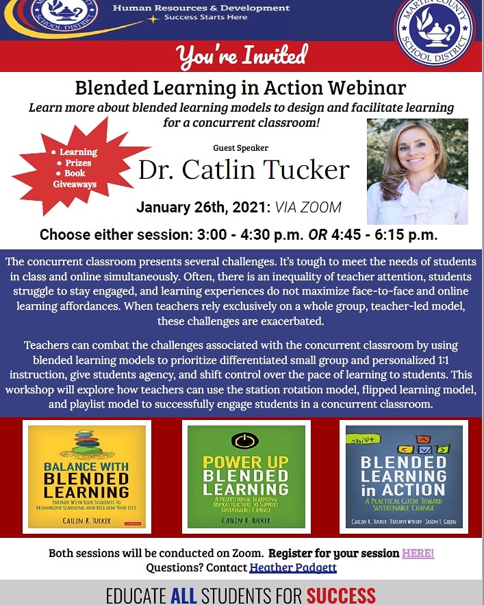 MCSDFloridaPD's tweet photo. Thinking about ways to add to your blended learning strategy toolbox? If you want to know more about blended learning for a concurrent classroom, then be sure to sign up for one of Dr. Tucker's webinar sessions. @MCSDFloridaPD #AlInMartin #MCSDFloridaPD #MCSDBlendedLearning https://t.co/CNu2tse2mO