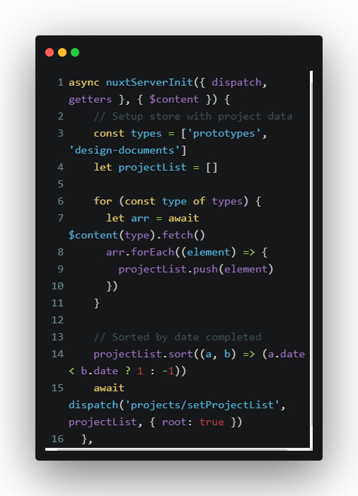 KatieAdamsDev's tweet image. Picture the scene: an innocent #Nuxt project to host a game designer&apos;s portfolio using #NetlifyCMS. I use the nuxtServerInit() function to populate the #VueX store with the two types of content: &apos;prototypes&apos; and &apos;design documents&apos;.