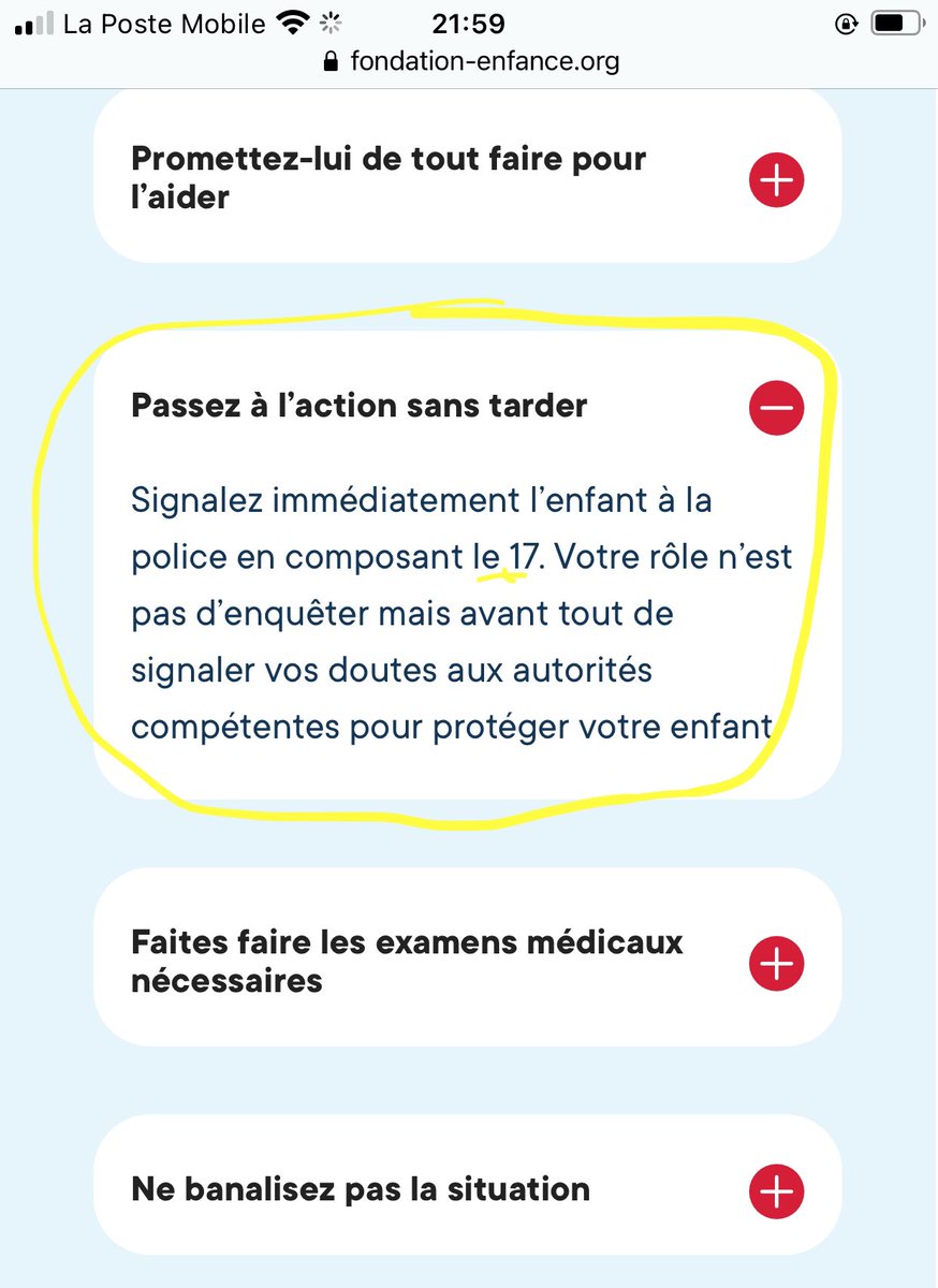 Pour les personnes témoins/ayant connaissance ou soupçons, il peut être aussi conseillé d’appeler simplement la police au 17  (via  @Fond_Enfance)(..après pour la formation des agents, prof, médecin susceptibles de recueillir la parole..je prends aussi) https://www.fondation-enfance.org/jai-besoin-daide/je-suis-adulte/violences-sexuelles-pedophilie-inceste/