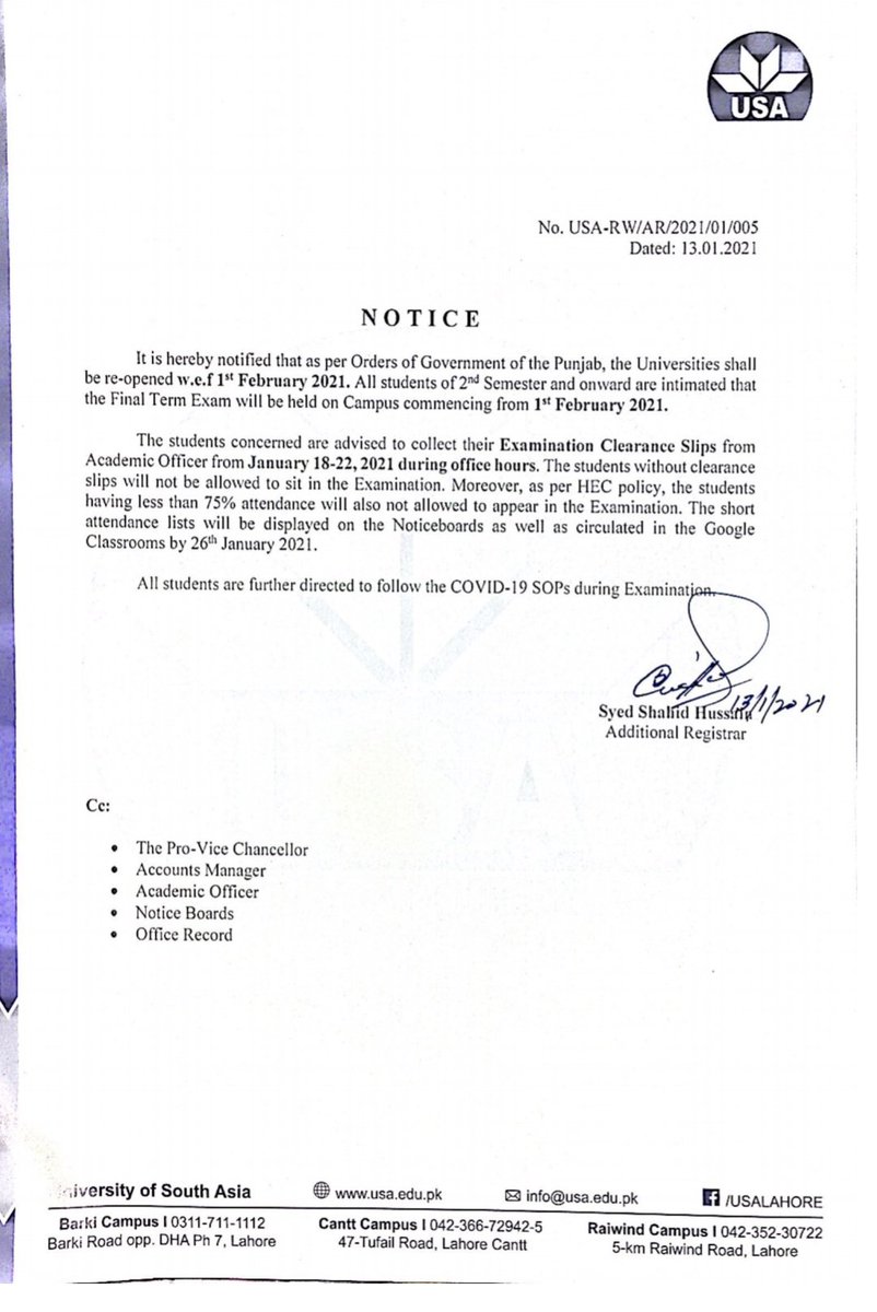 AskariBokhari's tweet photo. This is not fair, classes online and exams physical. University of South Asia (USA). 
@ShahzadYunasPTI
#StudentsWantOnlineExams https://t.co/8iwU6Z7R43