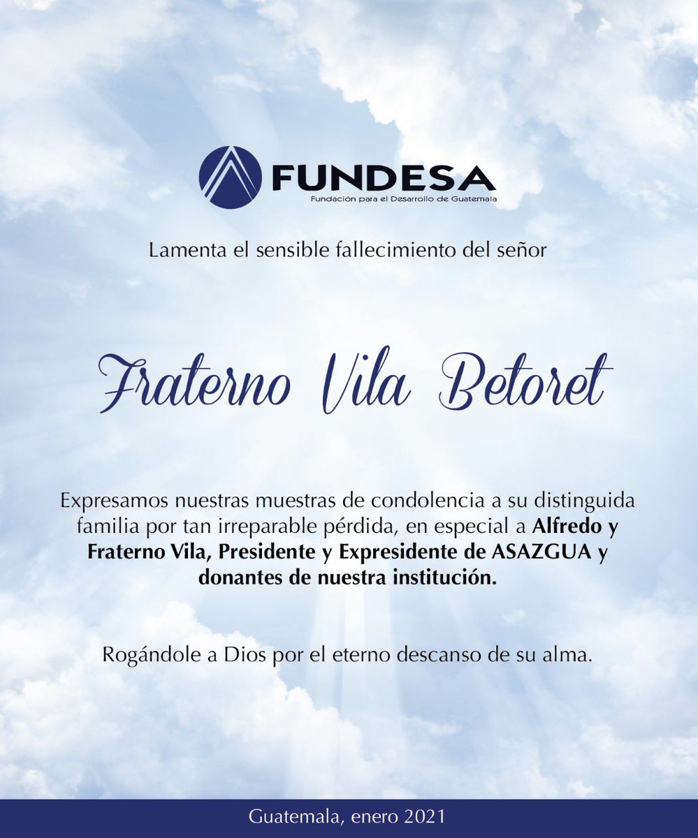FUNDESA's tweet photo. Lamentamos el sensible fallecimiento del Señor Fraterno Vila Betoret, expresamos nuestras sinceras condolencias a su apreciable familia ante esta irreparable pérdida. https://t.co/lQEJU9ITRQ