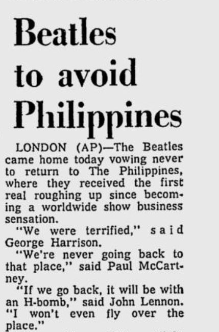 The Beatles are on their second world tour. Beatlemania turns to just mania. Fans want to riot, not listen to musicJohn makes a comment that the Beatles are “more popular than Jesus” sparking outrage & death threatsThe Beatles are threatened & forced to leave the Philippines