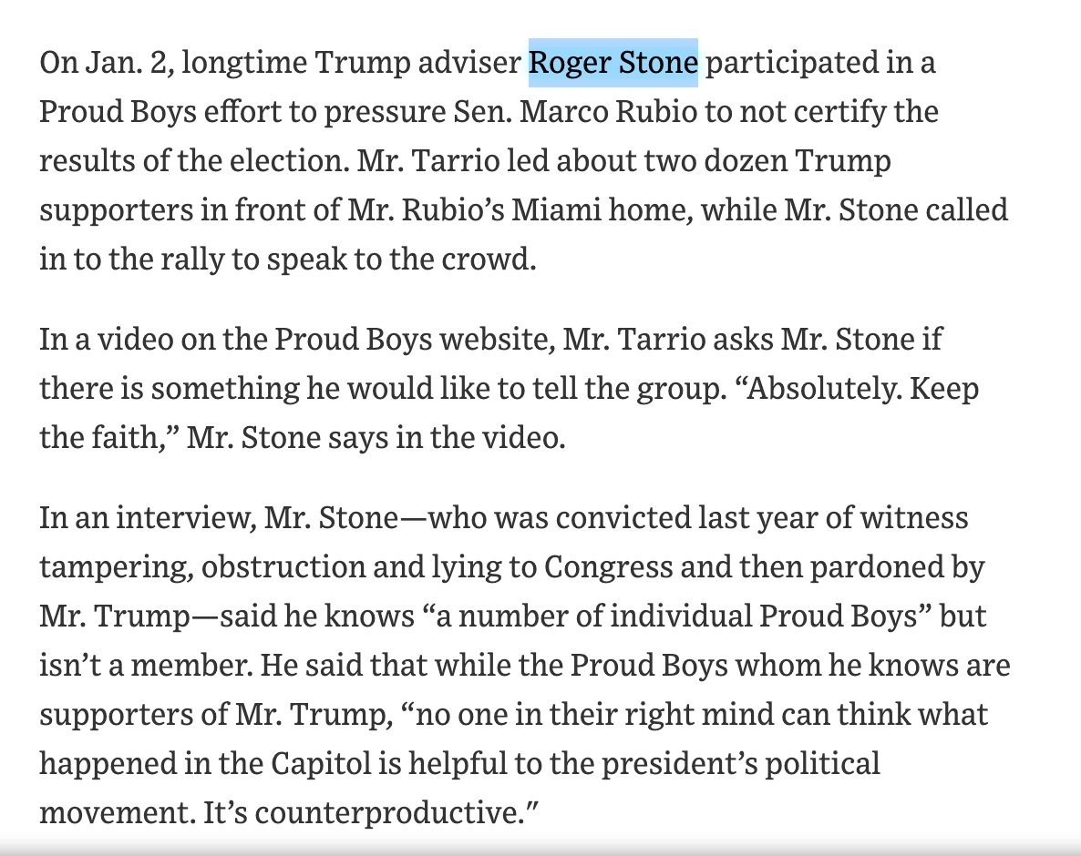 Roger STONE showed up to help the Proud Boys pressure Marco Rubio to not certify the election. Tarrio led Trump supporters to a rally at Rubio's Miami home. Stone told them to “Keep the faith."(Trump pardoned Stone's 2016 election crimes so he could help him commit 2020 crimes)