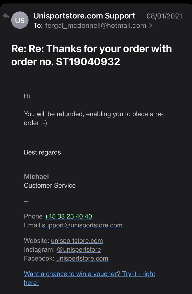 f_mcdonnell's tweet photo. @unisportlife getting the run around from your customer service - refund agreed on Jan 8th - please process as agreed. https://t.co/hl4dKdk0Ed