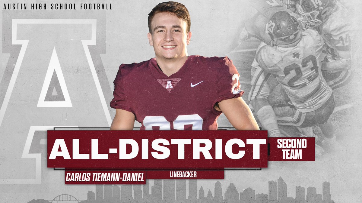 2020 26-6A All District Awards: Second Team All District honors to LB Carlos Tiemann-Daniel! <a href="/AustinMaroonFB/">Austin High Football</a> #MaroonNation #TXHSFootball #LoyalForever <a href="/TiemannCarlos/">Carlos Tiemann</a>